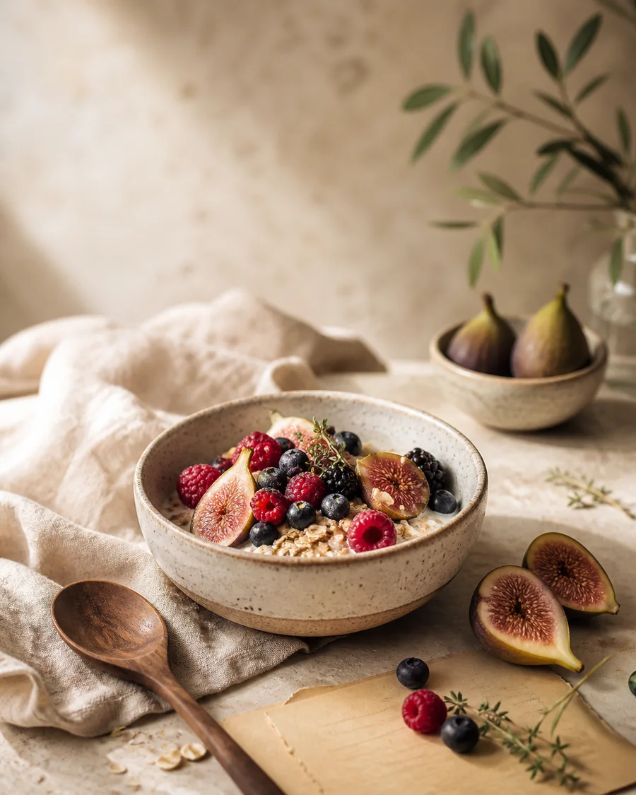 An elegant bowl of oats, berries and figs in soft morning light